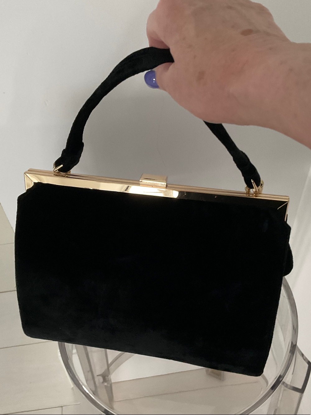 Black Velvet Top-Handle Satchel with Gold Trim - Picture 6 of 7